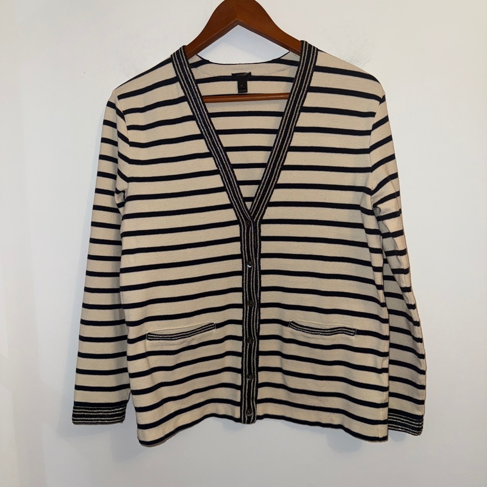🖤🤍 J.Crew Navy & Ivory Striped Button-Front Cardigan Sweater | Medium - Picture 3 of 12